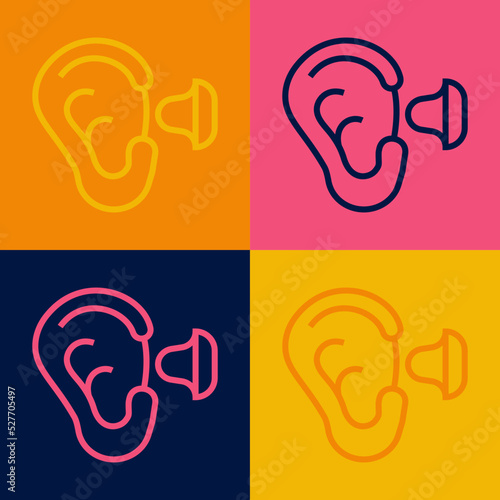 Pop art line Earplugs and ear icon isolated on color background. Ear plug sign. Noise symbol. Sleeping quality concept. Vector