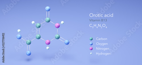 orotic acid, vitamin b13, molecular structures, 3d model, Structural Chemical Formula and Atoms with Color Coding photo