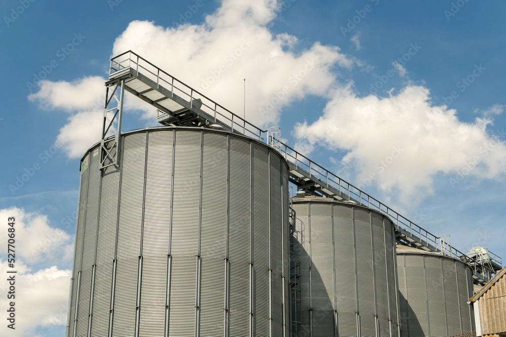 Steel tank containing food products. Grain silo.