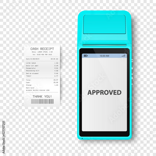 Vector 3d NFC Payment Machine with Approved Status, Paper Check, Receipt Isolated. Wi-fi, Wireless Payment. POS Terminal, Machine Design Template of Bank Payment Contactless Terminal, Mockup. Top VIew