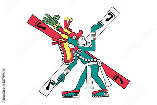 Xolotl at a crossroads. Aztec god of fire, lightning, monsters, misfortune, sickness and deformities. Associated with heavenly fire. Evil twin brother of Quetzalcoatl. Dark personification of Venus.