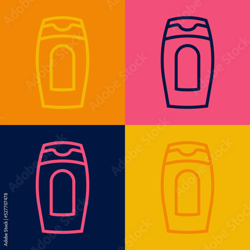 Pop art line Bottle of shampoo icon isolated on color background. Vector