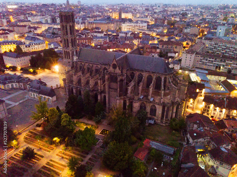 Image of historical aerial view of Limoges Cathedral illuminated at dusk, France