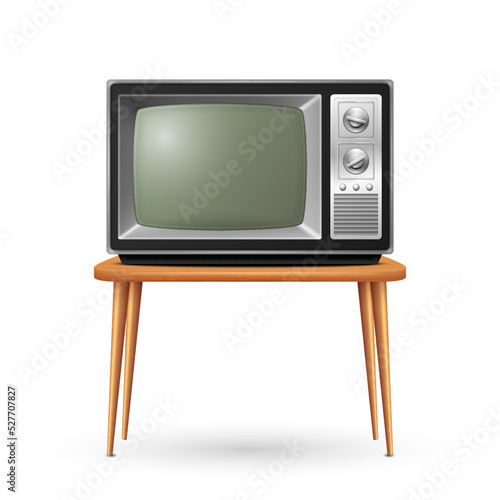 Vector 3d Realistic Retro TV Receiver on a Wooden Table Stand Closeup Isolated on White. Vintage TV Set. Television, Front View