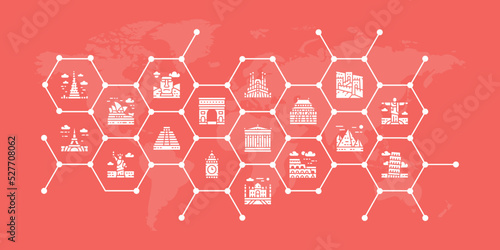 Travel Landmark editable icons design illustration. Egypt, Italy, United Kingdom, France, India, USA icon promotion banner for graphic web design.