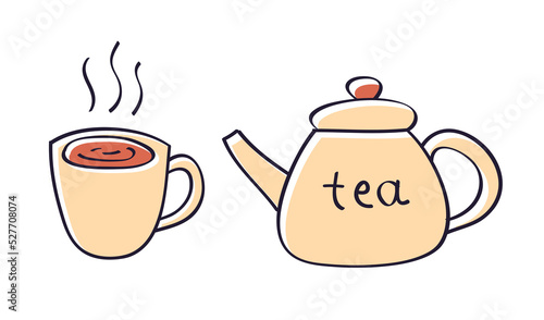 Teapot kettle and hot tea drink cup isolated vector illustration