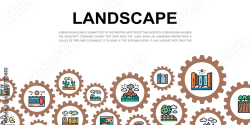 Landscape landing page with colored icons. Bridge, Forest, Garden, Volcano, Windmill vector website concept background.