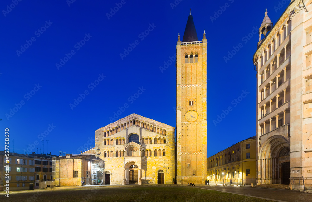Image of view Ancient Piazza Duomo , cathedral and baptistery at dusk, Parma, Italy