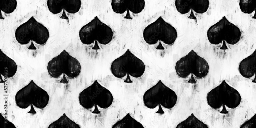 Seamless spades playing card suit pattern painted with black and white paint.  Tileable grunge hand drawn Alice in Wonderland wallpaper design motif.  Gaming, gambling or poker background texture. Stock Illustration | Adobe