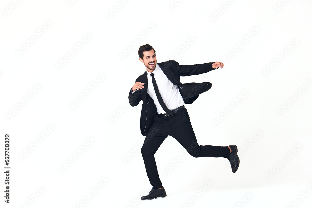Man business smile with teeth in costume running and jumping up open mouth happiness and surprise full-length on white isolated background copy place Man business smile with teeth in costume running and jumping up open mouth happiness and surprise full-length on white isolated background copy place