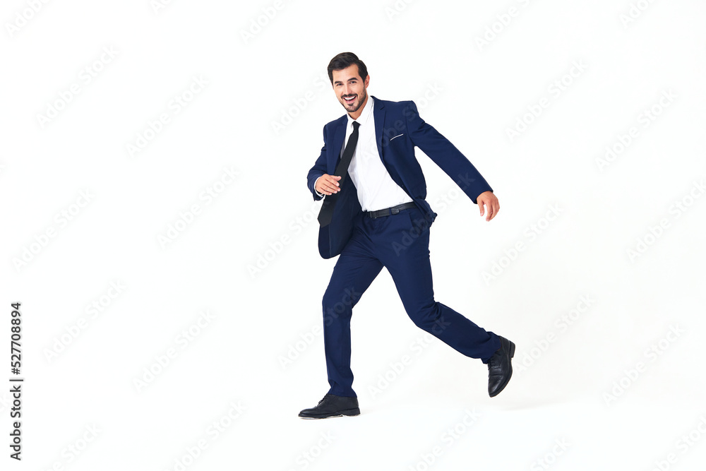 Man business smile with teeth in costume running and jumping flying up open mouth happiness and surprise full-length on white isolated background copy space Man business smile with teeth in costume running and jumping flying up open mouth happiness and surprise full-length on white isolated background copy space