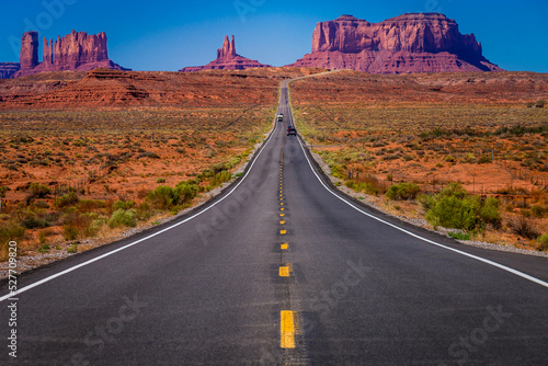 Highway Road U.S. Highway 163 and Monument Valley at sunset, Arizona, USA