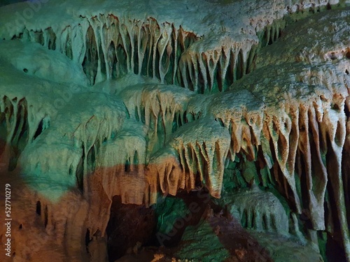 Colorfully illuminated stalactite cave of Gerona, Mallorca, Balearic Islands, Spain