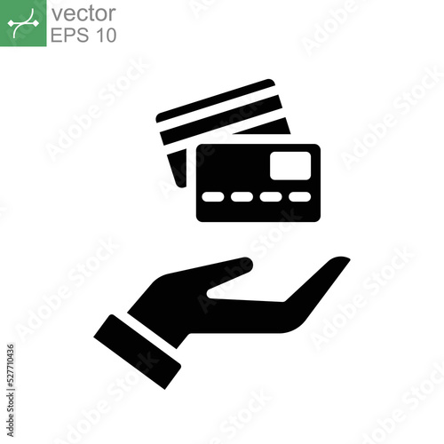 Hand hold credit card glyph icon, cash pay machine. swipe, id, financial digital cashless business online sale discount payment logo pictogram vector illustration design on white background. EPS 10