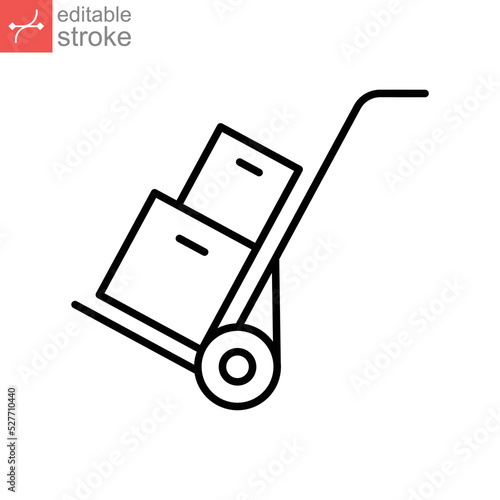Box trolley line icon, move truck cargo carrier, bag cart delivery, flat luggage suitcase. Packaging Symbol. Hand truck with box editable stroke vector illustration design on white background. EPS 10