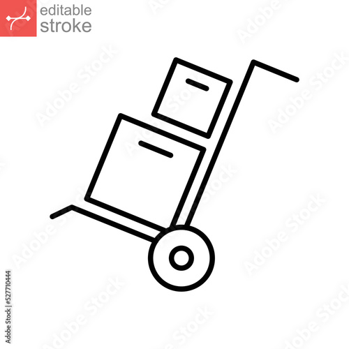 Box trolley line icon, move truck cargo carrier, bag cart delivery, flat luggage suitcase. Packaging Symbol. Hand truck with box editable stroke vector illustration design on white background. EPS 10