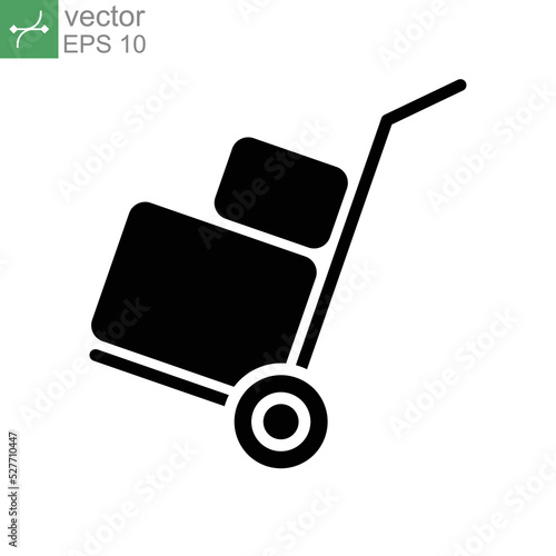 Box trolley glyph icon, move truck cargo carrier, bag cart delivery, flat luggage suitcase. Packaging Symbol. Moving hand truck with box Packages vector illustration design on white background. EPS 10