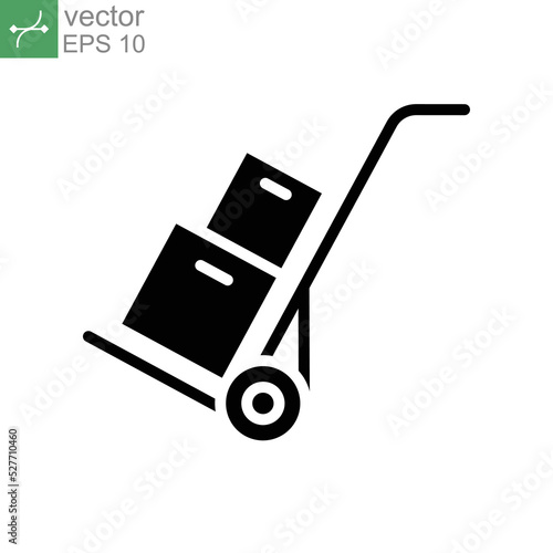 Box trolley glyph icon, move truck cargo carrier, bag cart delivery, flat luggage suitcase. Packaging Symbol. Moving hand truck with box Packages vector illustration design on white background. EPS 10
