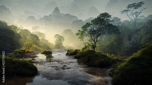 Obraz na plátně amazonas rainforest, tropical river with steam, jungle landscape with sunrise, d