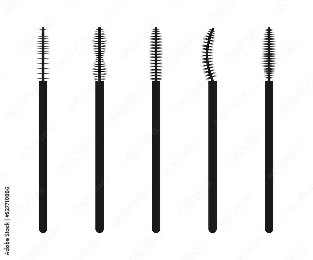 Brushes for eyelashes and eyebrows of different shapes. Cosmetic accessories silhouette set. Brushes for eyelashes and eyebrows of different shapes. Cosmetic accessories silhouette set.