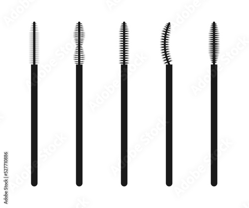 Brushes for eyelashes and eyebrows of different shapes. Cosmetic accessories silhouette set.