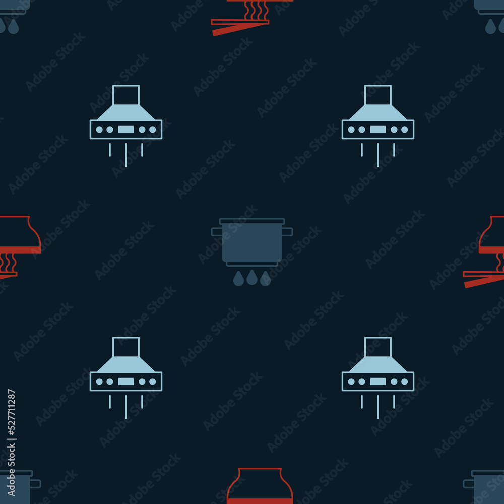 Set Asian noodles in bowl, Cooking pot on fire and Kitchen extractor fan on seamless pattern. Vector
