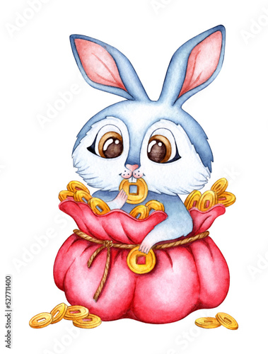 Watercolor illustration of a blue rabbit in a red bag with gold coins. Holiday, celebration, New Year. Ideal for t-shirts, cards, prints. Isolated on white background. Drawn by hand.