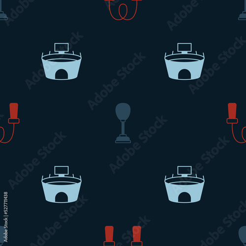 Set Jump rope, Punching bag and Stadium on seamless pattern. Vector