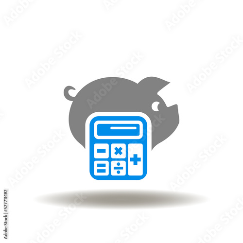 Vector illustration of piggy bank with calculator.  Icon of ROTH IRA. Symbol of money calculation and investing. Sign of tax calculation.
