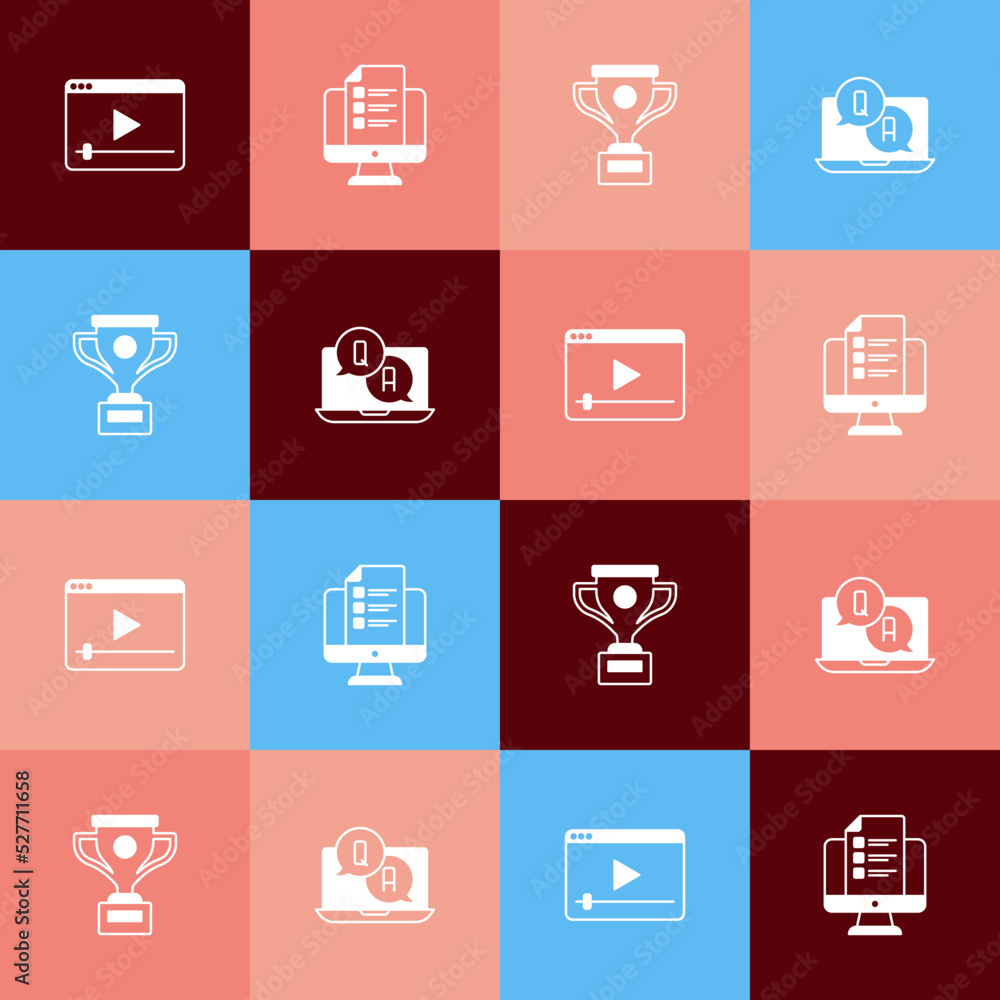 Set pop art Online play video, quiz, test, survey, Award cup and Question and Answer icon. Vector Set pop art Online play video, quiz, test, survey, Award cup and Question and Answer icon. Vector