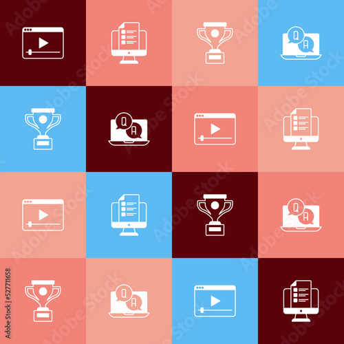 Set pop art Online play video, quiz, test, survey, Award cup and Question and Answer icon. Vector