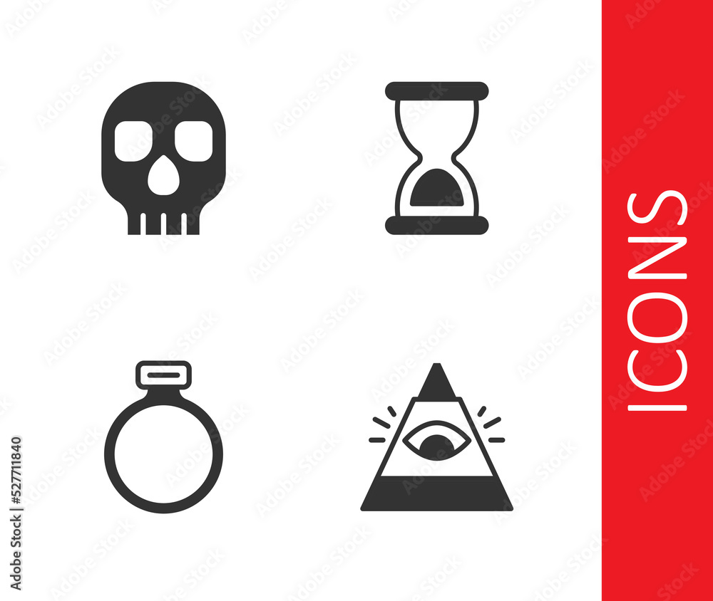 Set All-seeing eye of God, Skull, Magic stone ring and Old hourglass icon. Vector