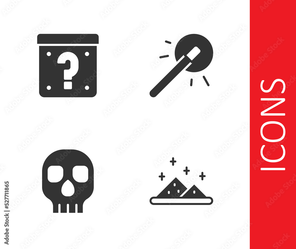 Set Magic powder, Mystery box, Skull and wand icon. Vector Set Magic powder, Mystery box, Skull and wand icon. Vector