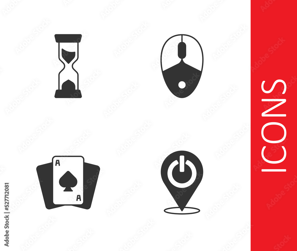 Set Power button, Old hourglass, Playing cards and Computer mouse icon. Vector Set Power button, Old hourglass, Playing cards and Computer mouse icon. Vector