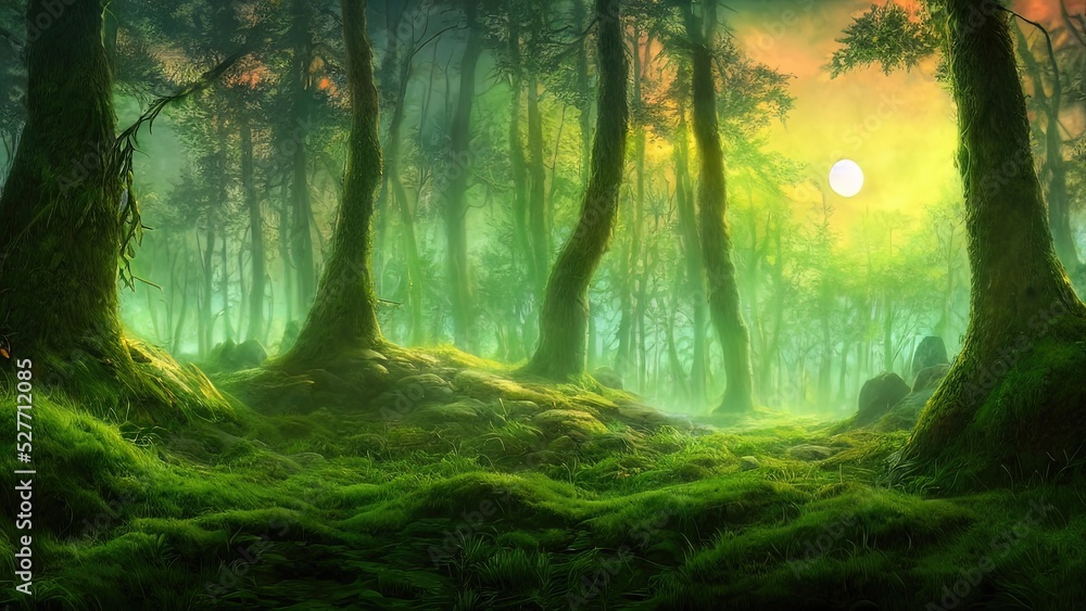 Fototapeta premium Magical dark fairy tale forest, neon sunset, rays of light through the trees. Fantasy forest landscape. Unreal world, moon, moss. 3D illustration.
