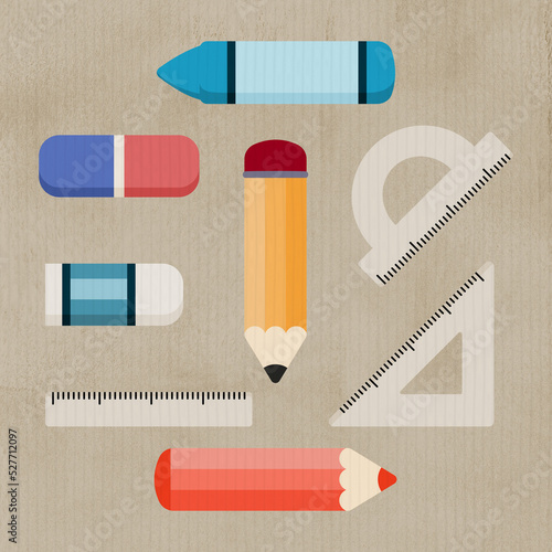 Ołówek, kredki, gumka do mazania, ekierka, kątomierz i linijka. Przybory szkolne, artykuły papiernicze, kreatywność, hobby, narzędzie artystyczne. Powrót do szkoły.