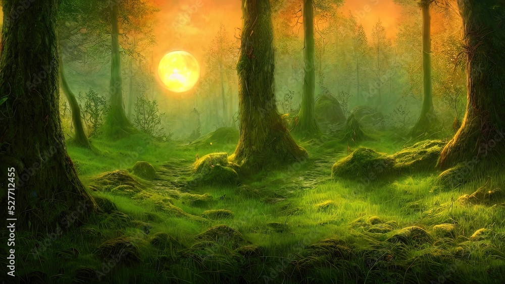 Magical dark fairy tale forest, neon sunset, rays of light through the trees. Fantasy forest landscape. Unreal world, moon, moss. 3D illustration. - obrazy, fototapety, plakaty 