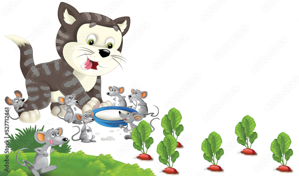 Fototapeta premium Cartoon happy cat standing smiling and thinking around the mice - milk in the bowl - isolated - illustration for children