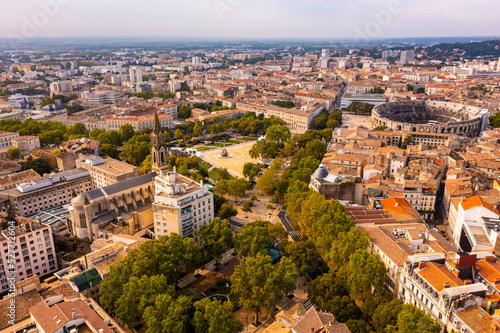 Nimes Arena aerial panoramic view. Nimes is a city in the Occitanie region of southern France