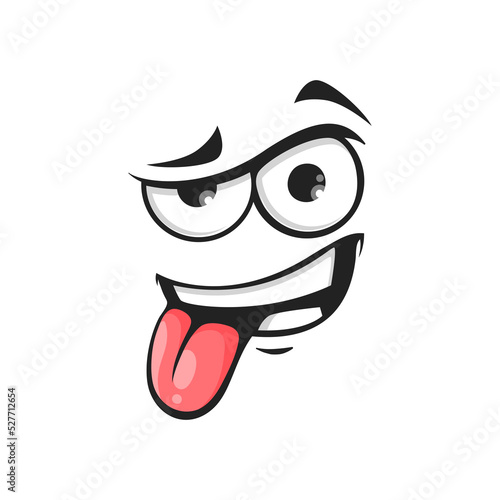 Cartoon face show pink tongue, vector naughty comic character teasing and fooling facial expression. Funny emoji isolated personage