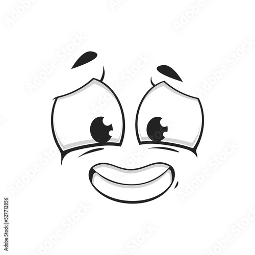Confused cartoon face, vector guilty smiling character. Hangdog emoji, funny facial expression, in fault human feelings, comic smile emotion isolated on white background