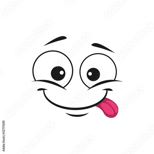 Cartoon face, happy smile vector emoji with sticking tongue. Joyful facial expression with goggle eyes, funny glad cute character, positive feelings isolated on white background