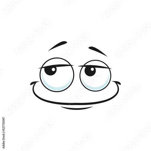 Cartoon smiling face vector dreamy emoji with thoughtful smile and squinted eyes. Happy facial expression, positive feelings isolated on white background