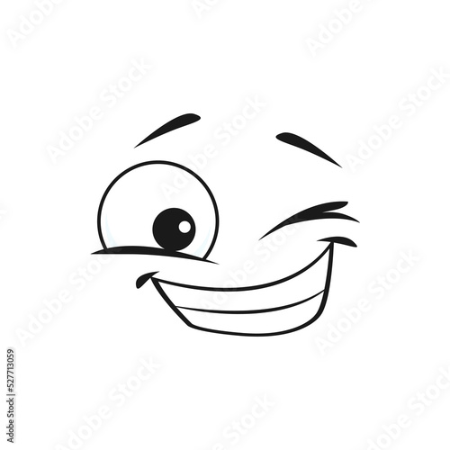 Cartoon smiling face, vector emoji with wink eye and smile toothy mouth. Happy facial expression, flirting, positive feelings, cheerful funny character isolated on white background
