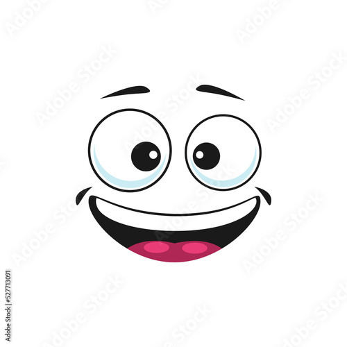 Happy cartoon face isolated vector wide glad smile facial emoji. Funny joyful emotion, comic face with blessed toothy smiling mouth and round goggle eyes isolated on white background