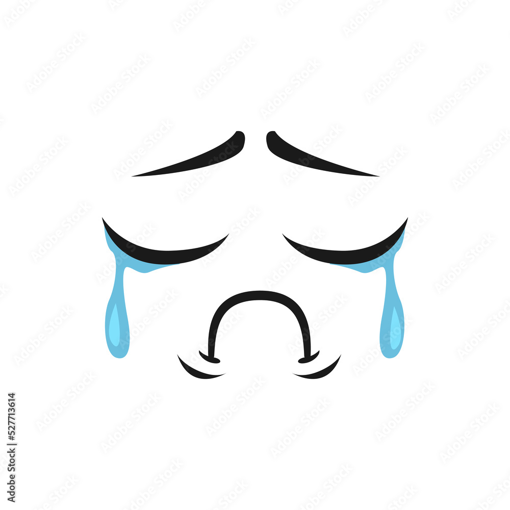 Cartoon crying face with tears dripping from wet closed eyes. Vector upset emoji, dissatisfied facial expression, funny unhappy plaintive or piteous feelings isolated on white background Cartoon crying face with tears dripping from wet closed eyes. Vector upset emoji, dissatisfied facial expression, funny unhappy plaintive or piteous feelings isolated on white background