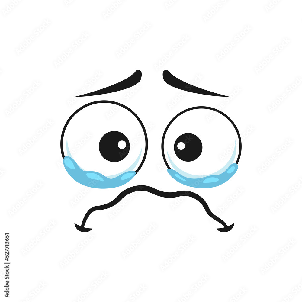 Fototapeta premium Cartoon crying face emoji with tears in wet round eyes and trembling mouth. Upset vector dissatisfied facial expression, unhappy plaintive or piteous feelings isolated on white background