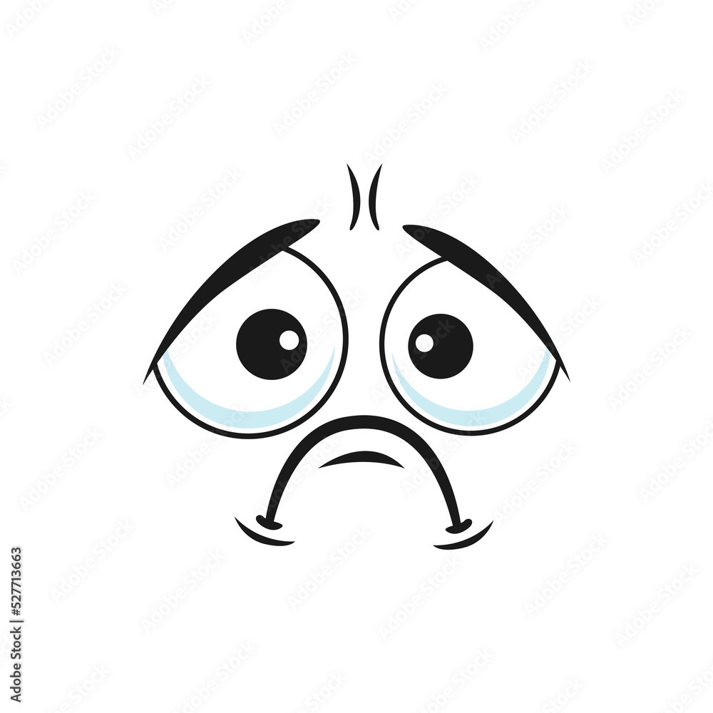 Cartoon sad face, vector unhappy or upset emoji, tragic facial expression with plaintive look and corners of the mouth curve down. Negative feelings, sadness emotion isolated on white background Cartoon sad face, vector unhappy or upset emoji, tragic facial expression with plaintive look and corners of the mouth curve down. Negative feelings, sadness emotion isolated on white background