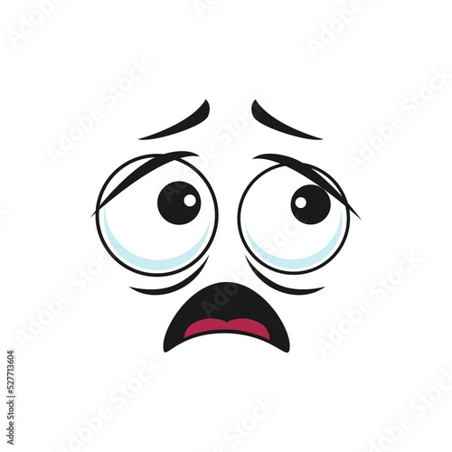 Cartoon face frightened or worry emoji, vector character fear or worrying feelings, scared facial expression with goggle eyes and open mouth isolated on white background