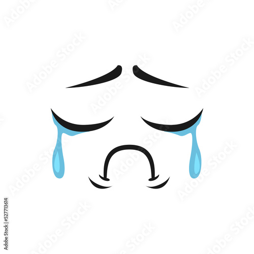 Cartoon crying face with tears dripping from wet closed eyes. Vector upset emoji, dissatisfied facial expression, funny unhappy plaintive or piteous feelings isolated on white background